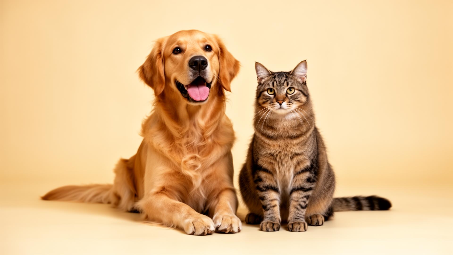 Cachorro golden retriever e gato felizes lado a lado